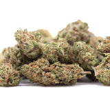 A pile of dried sugar thca greenhouse smalls with green and brown hues and fine trichomes from creative genetics