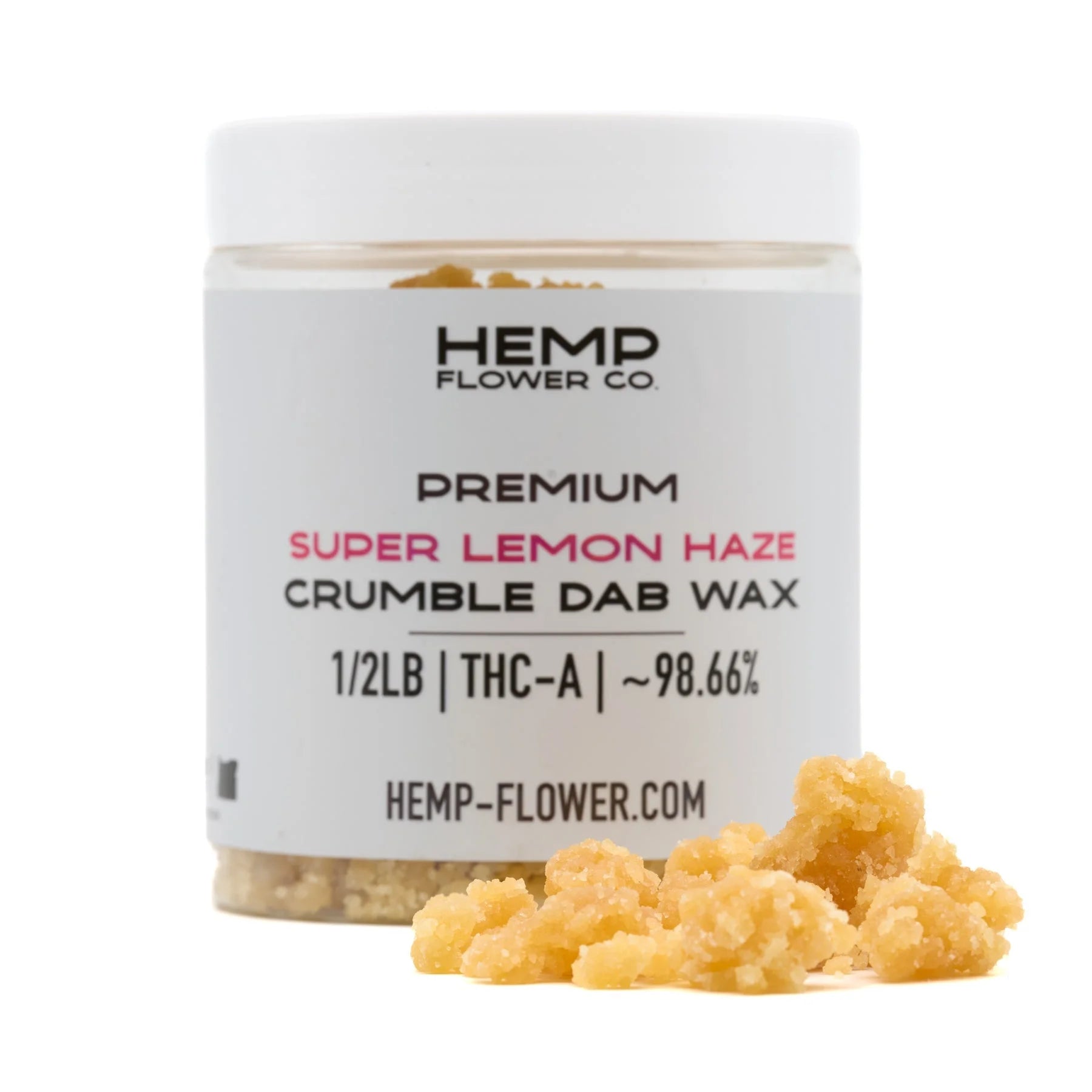 Super Lemon Haze THCA Crumble Wax jar with yellow crumbly haze THCA outside