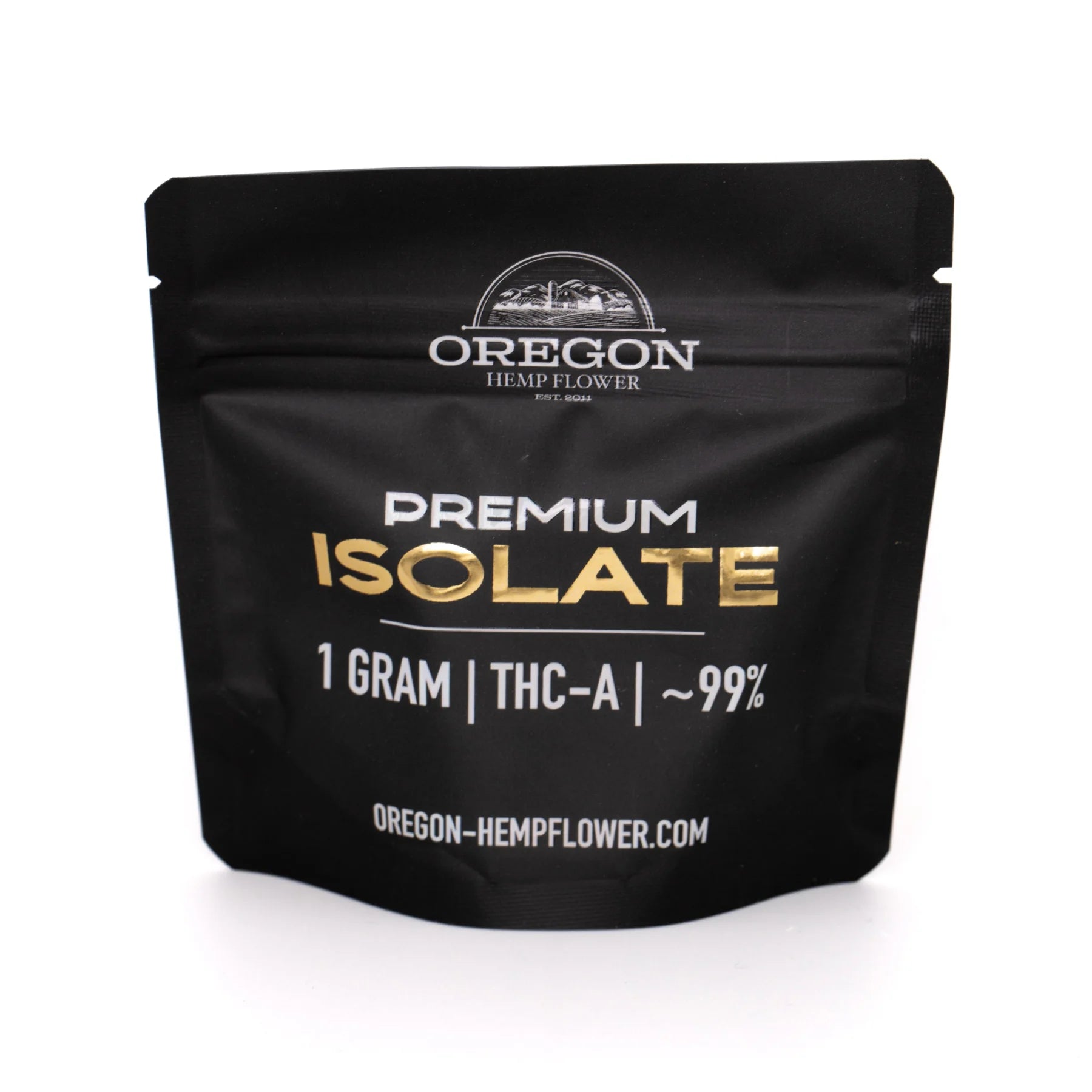 Black resealable pouch of Oregon Hemp Flower THCA isolate 1 gram with gold foil lettering and mountain logo highlighting therapeutic benefits