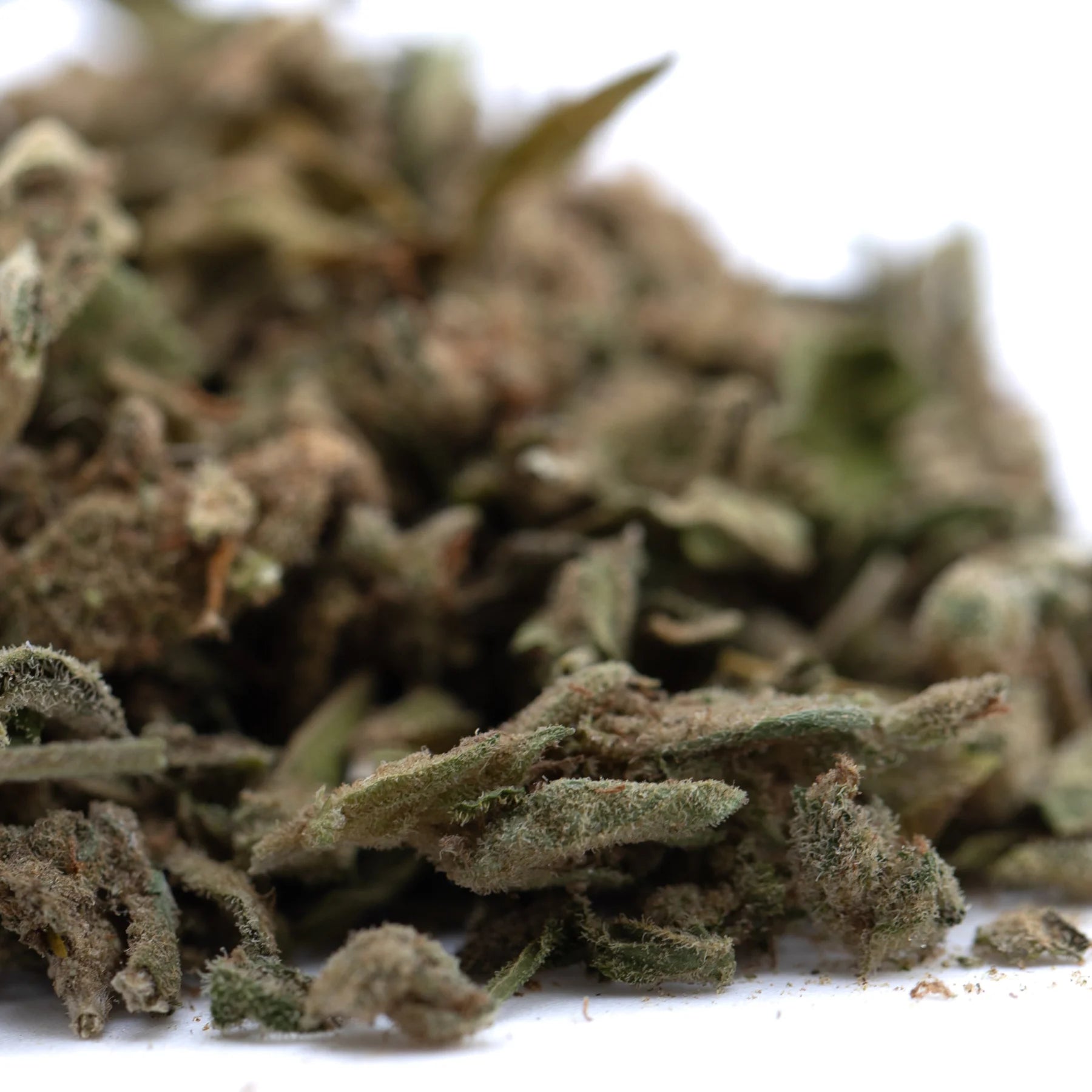 A pile of tricross full-term thca dried cannabis buds in green brown and beige hues with fine trichomes for thca shake