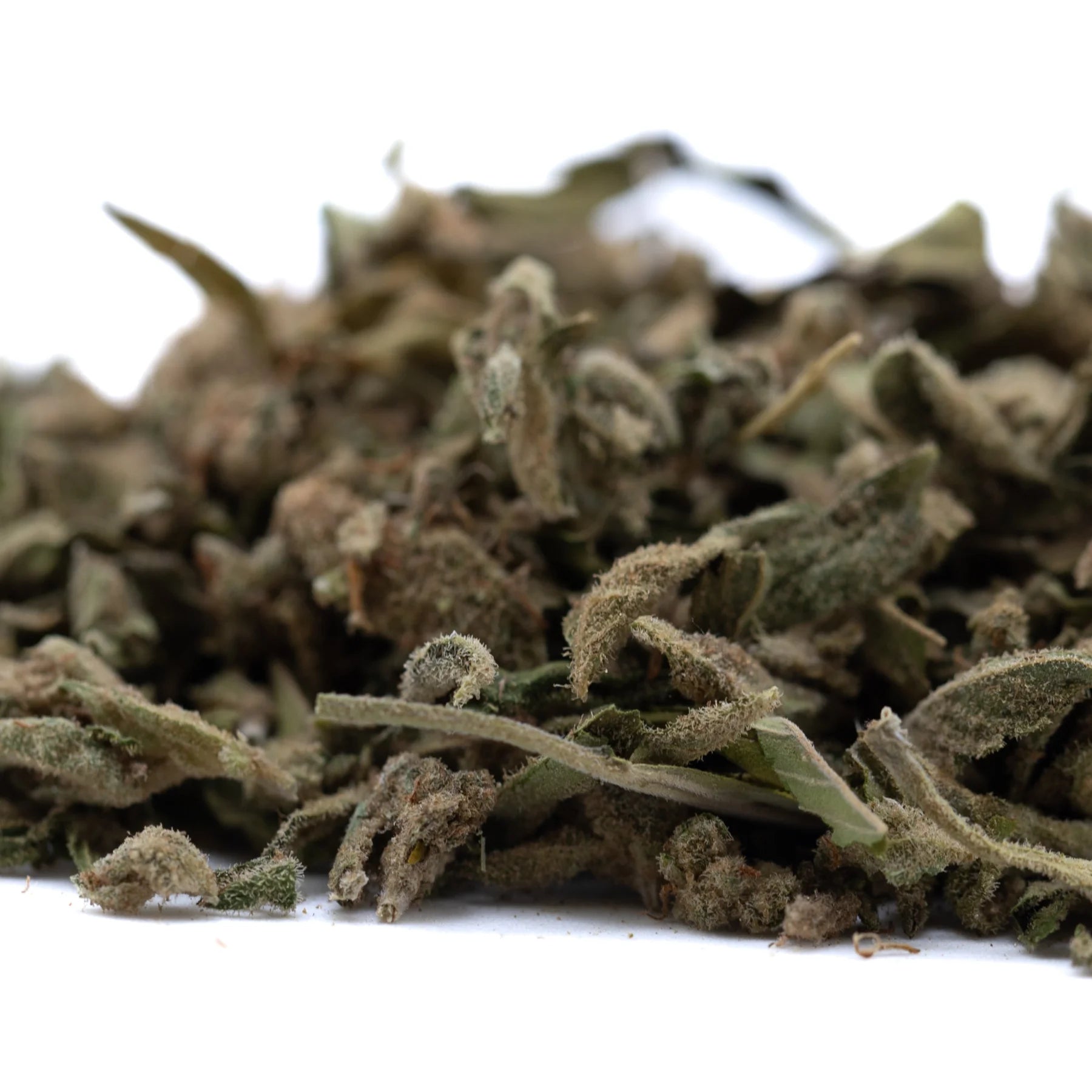 A pile of tricross full-term thca dried sage leaves with green and brown hues and fuzzy textures for thca shake use