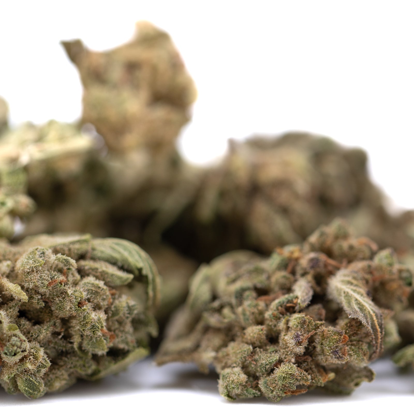 TriCross THCa smalls: three-way cross small buds with green-brown hues, trichomes