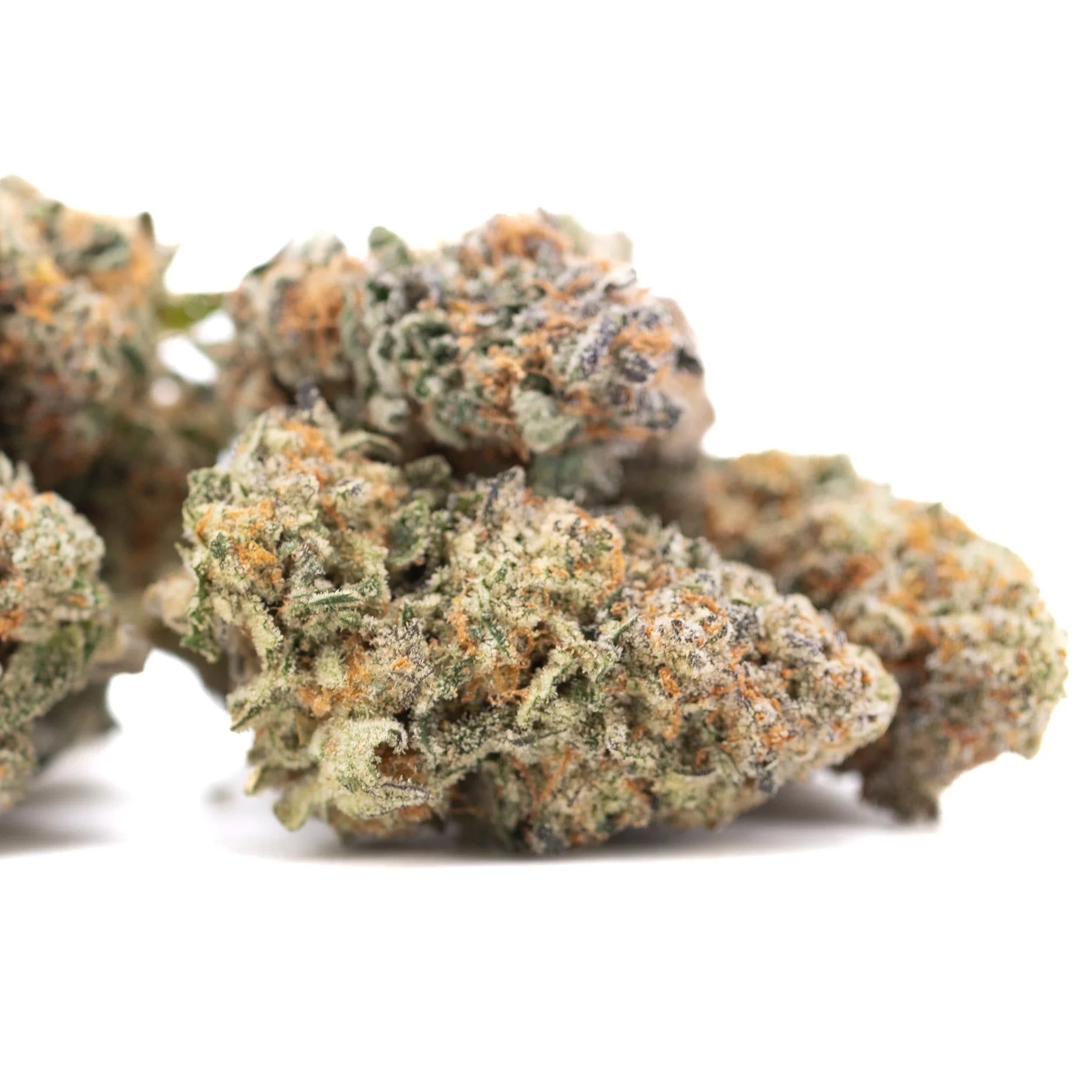 A dense frosty tropical punch indoor thca flower bud with green and orange hues similar to northern lights and skunk x haze