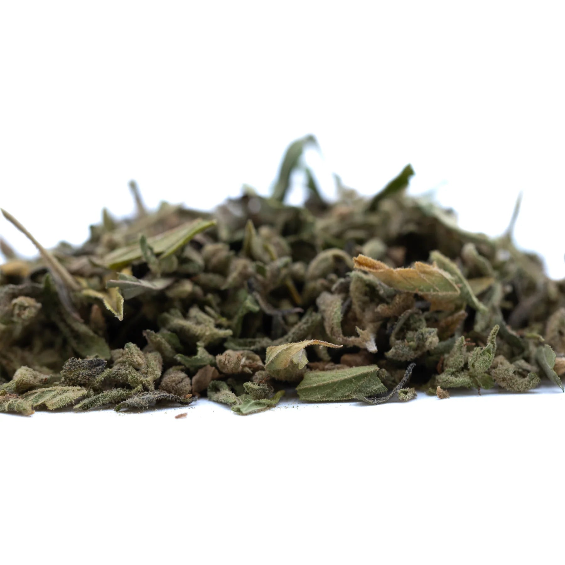 A pile of dried greenish brown oregano leaves with textured edges for turtle taffy full term thca shake cannabinoid content