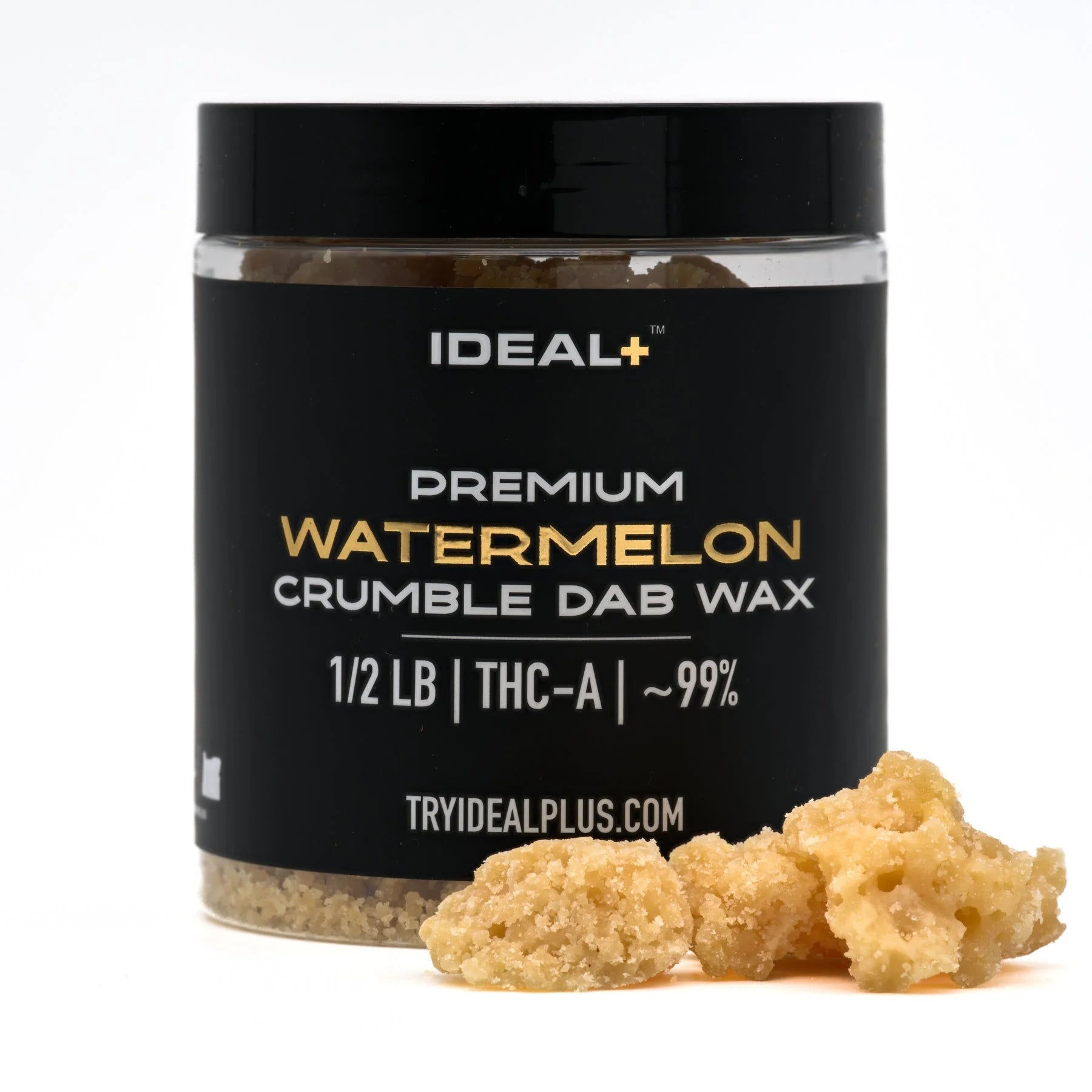 Clear jar of Watermelon 95% THCa Crumble Dab Wax showcasing premium watermelon THCa crumble and wax