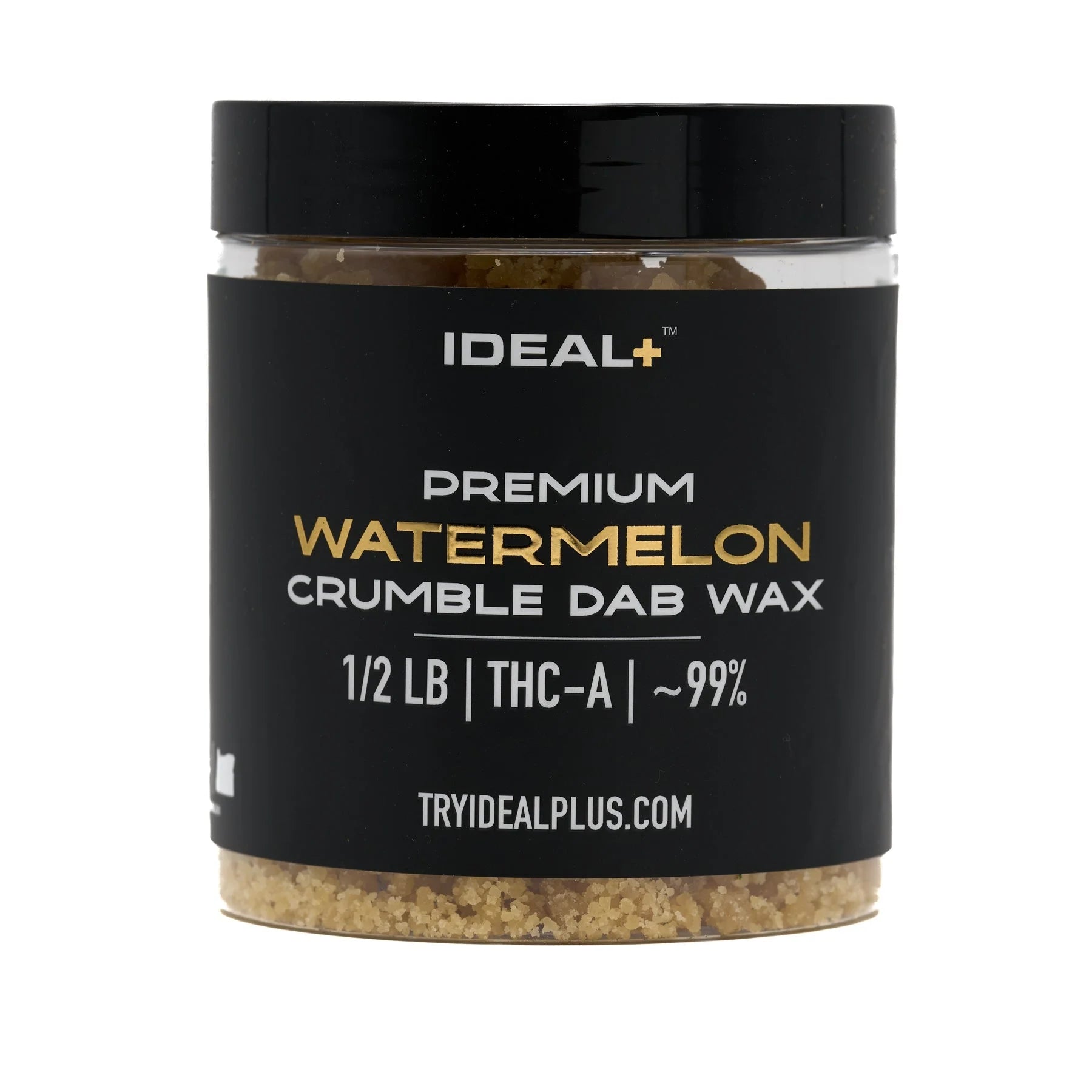 Clear plastic jar with black lid containing Watermelon 95% THCa Crumble Dab Wax
