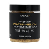 Clear plastic jar with black lid containing Watermelon 95% THCa Crumble Dab Wax