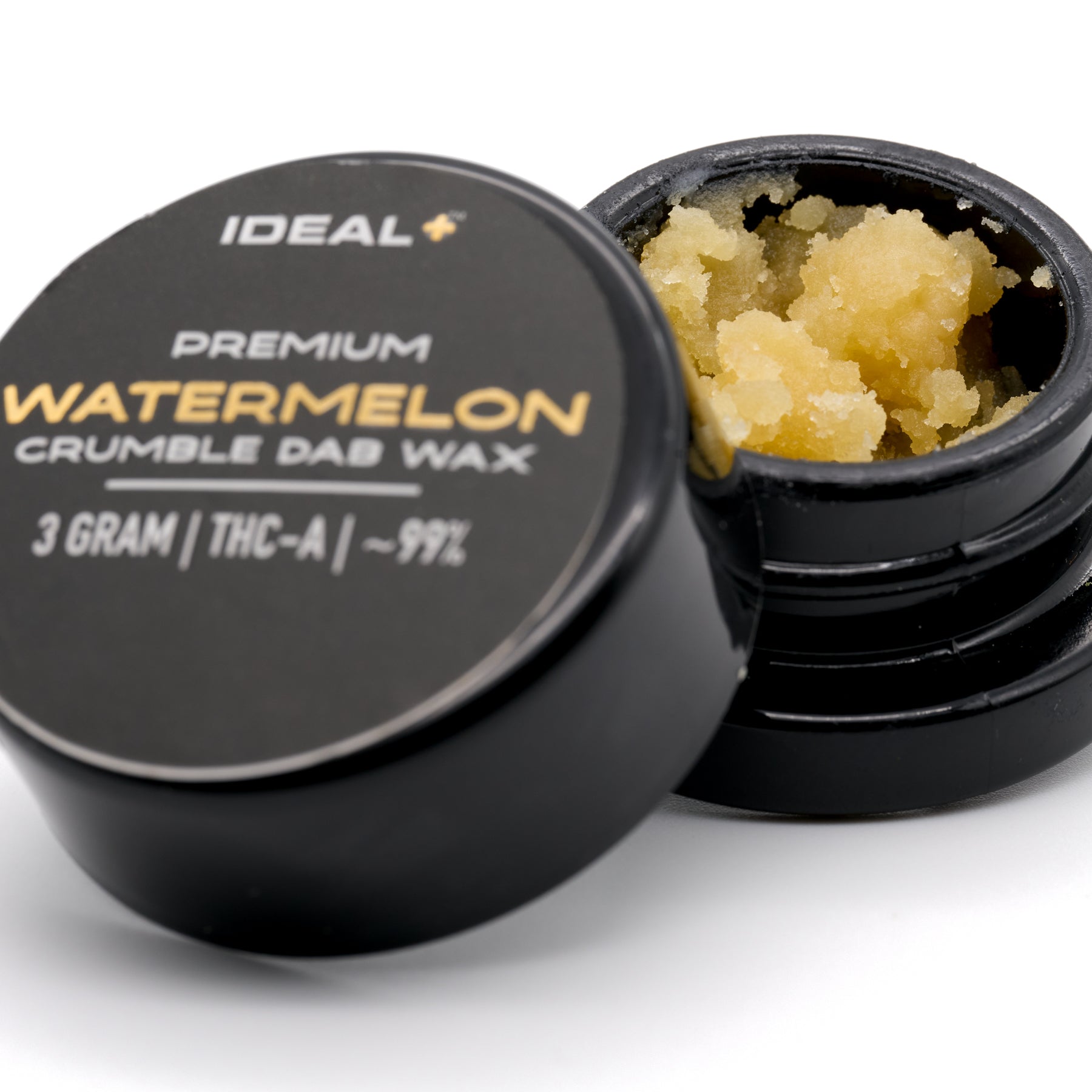 Black container of Watermelon 95% THCa Crumble Dab Wax revealing yellow hemp flower crumble inside