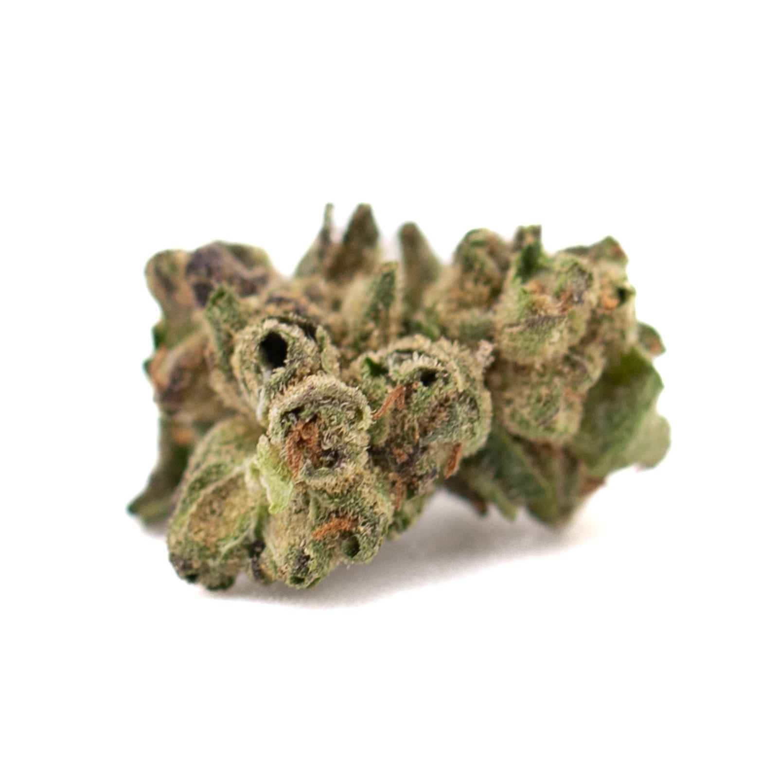 Dense frosty White Runtz THCa hemp flower full-term smalls with orange hairs and green leaves