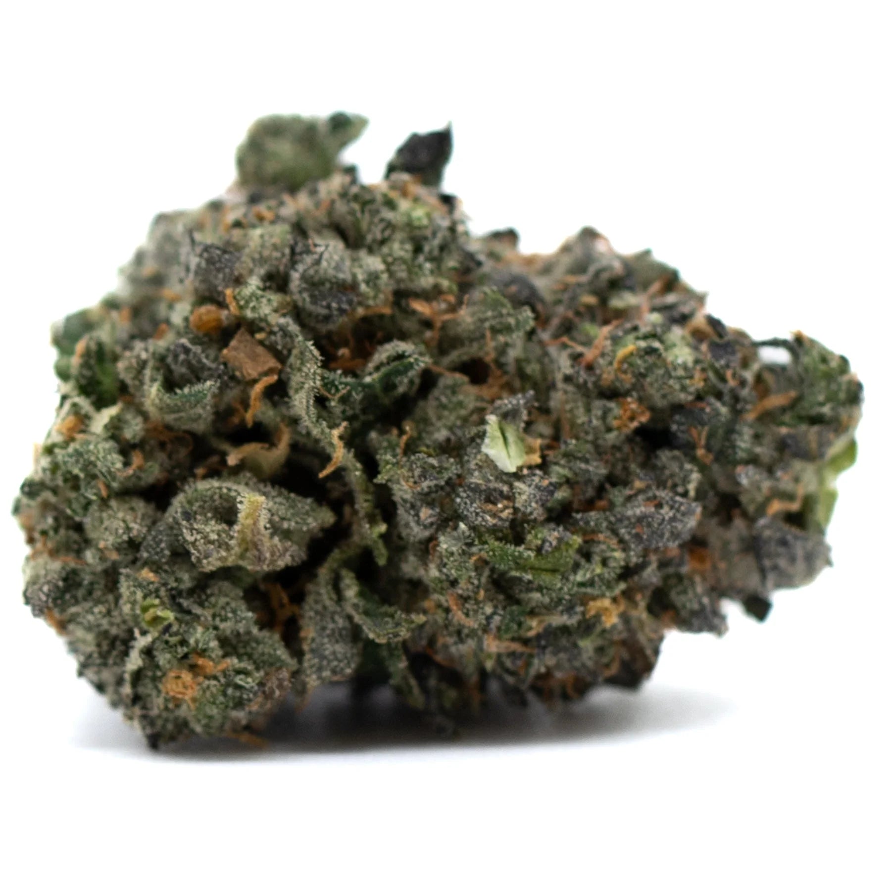 Close-up of Zkittlez Indoor Hemp Flower with dark green, purple hues, frosty trichomes