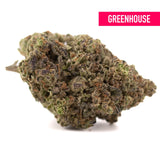A dense resinous zushi thca hemp flower greenhouse bud with green brown hues and tropical flavor trichomes